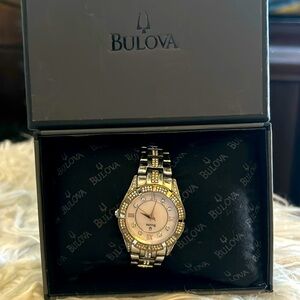 BULOVA WATCH EUC Sterling Silver, sparkling crystals, Mother of Pearl fa…